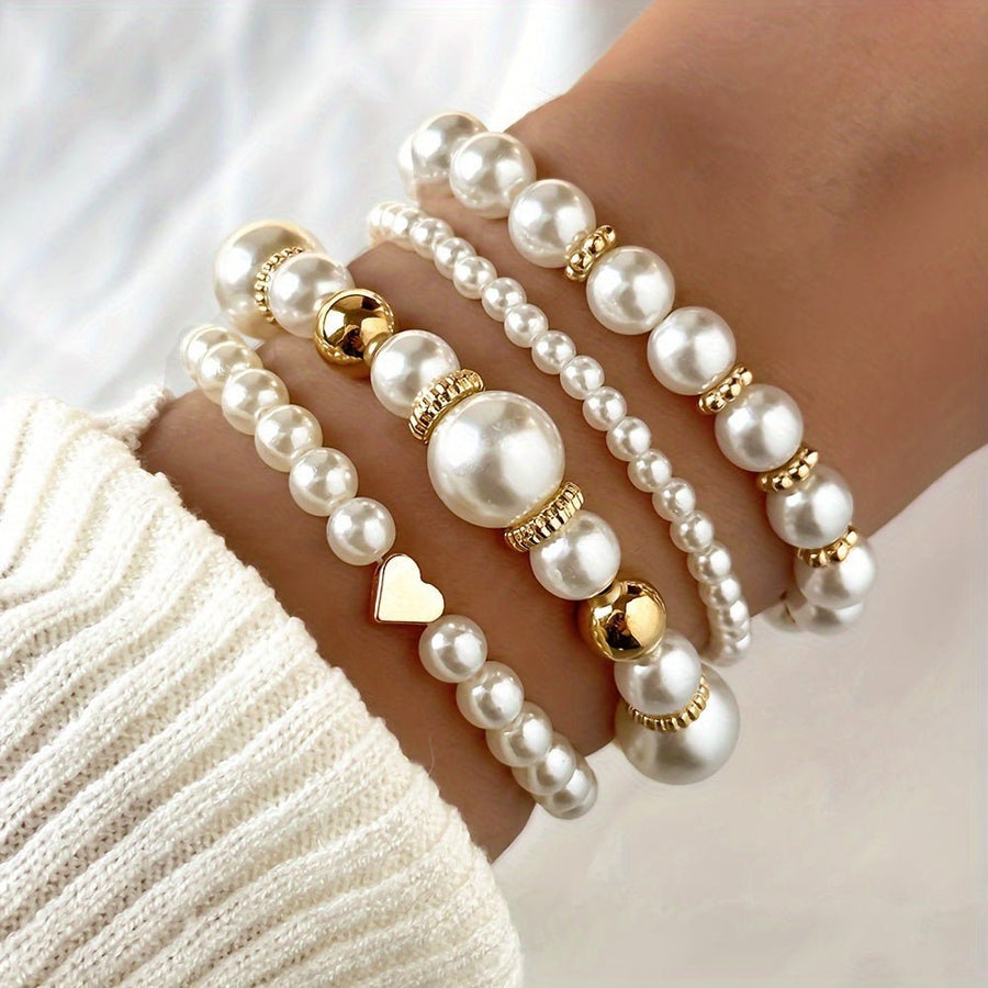 4pcs White Pearl Beaded Bracelet Set - Greentaya