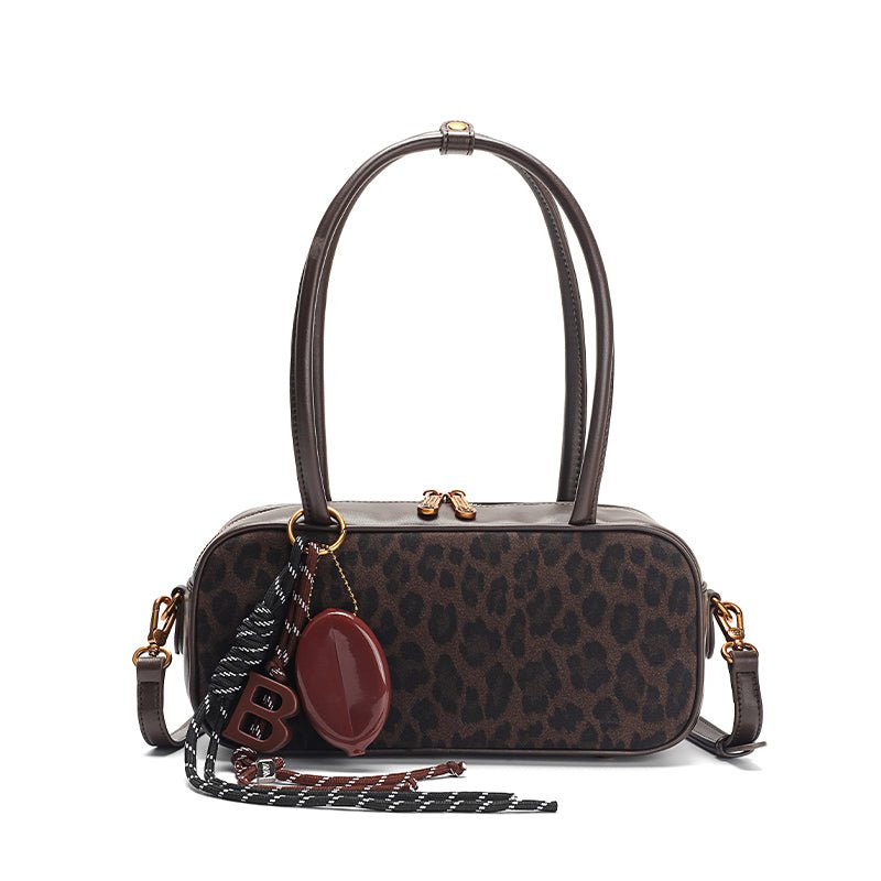 Classic Leather Leopard Print Bowling Bag - Greentaya
